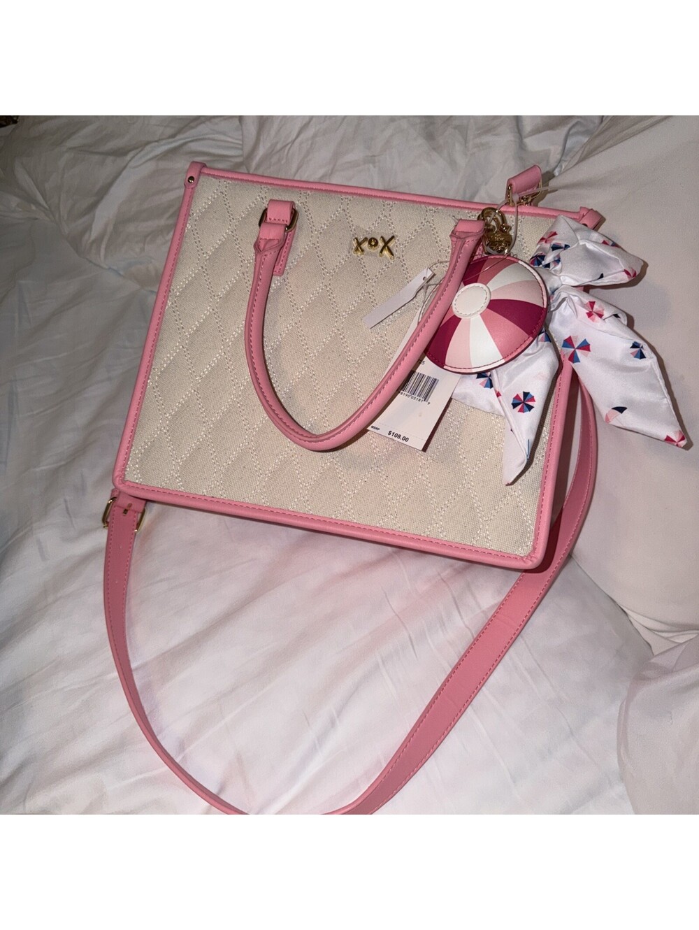 NEW! NWT BETSEY JOHNSON XOLALA At The Beach Quilted Canvas Tote Bag Beige/Pink